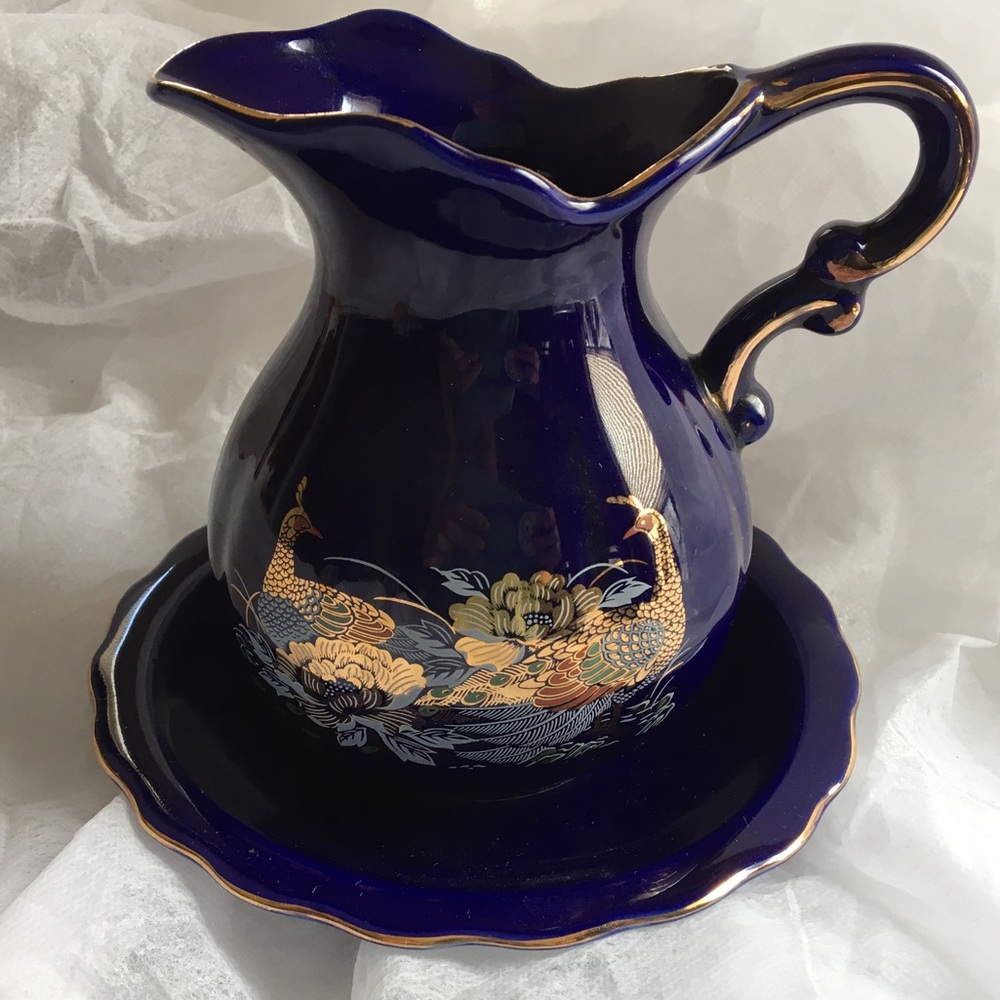 2/$20 Cobalt Blue Gold Paint Porcelain Jug & Bowl